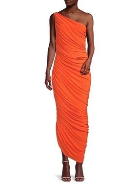 Norma Kamali Diana Ruched One-Shoulder Gown XXS Blood Orange Cocktail Party Chic